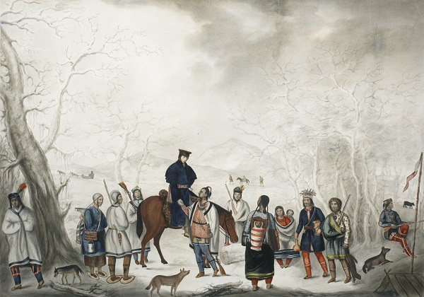 <span style="font-style: normal;">White Trader with Ojibwa Trappers</span>, 1820. This watercolor painting by an anonymous artist shows an Ojibwa hunting party meeting with a white fur trader. Among other objects, the Ojibwa carry guns. With permission of the Royal Ontario Museum © ROM.